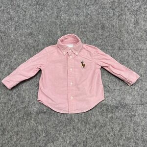 Ralph Lauren Baby Boys Shirt 9M Pink Oxford Button‎ Down Big Flesh Pony Preppy